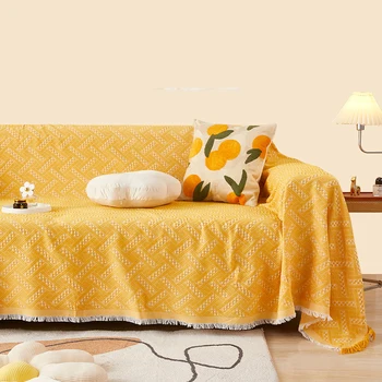 Kanapétorony bojttal sárga kockás mintás kanapéhuzat nappaliba Lakberendezés Housses de Canapé sima festett kanapévédő