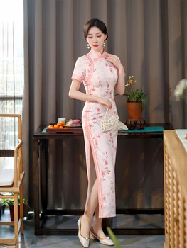 Elegáns nyári hosszú selyem Cheongsam retro divat kifutó bankett Qipao kínai hagyományos stílusú estélyi ruha nőknek Party