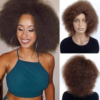 Rövid bolyhos hajú paróka szintetikus afro perverz egyenes hajú parókák természetes fekete barna színű Yaki parókák afrikai fekete nőknek