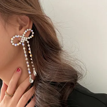 Big Bowknot kristálycsepp fülbevaló nőknek geometrikus hosszú bojt strassz fülbevaló nyilatkozat ékszerek