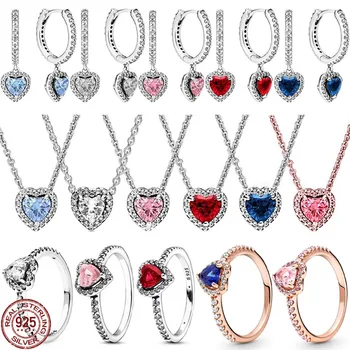Forró eladás 925 sterling ezüst klasszikus szív alakú sorozat szett csillogó gyűrűk nyakláncok charm gyönyörű könnyű luxus ékszerek