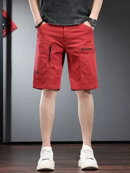 Cotton Baggy férfi rövidnadrág Summer Fashion Red Multiple Pockets egyenes térdig érő rövidnadrág CP2292