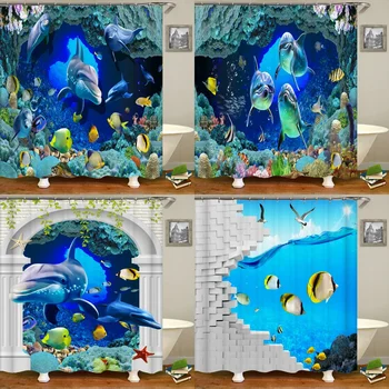 Ocean színes hal rajzfilm zuhanyfüggönyök Fürdőszoba függöny vízálló poliészter szövet dekor fürdőfüggöny 180*180cm horgokkal