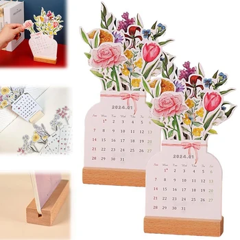 2024 Új Bloomy virágíróasztal naptár Kreatív fa kártya naptár Kiváló minőségű asztali naptár Illustrator dekorációs kellékek