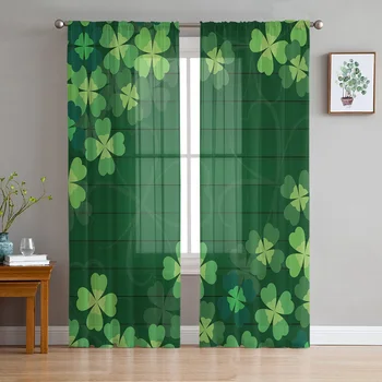 Szerencsés lóhere zöld fa erezetű sifon puszta függönyök nappalihoz hálószoba konyha dekoráció ablak tüll függöny