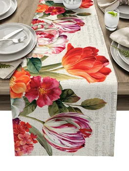 Vintage virágok Tulipánok Olajfestmény Asztali futó luxus Konyha Vacsora Asztalhuzat Esküvői parti dekoráció Pamut vászon Abrosz