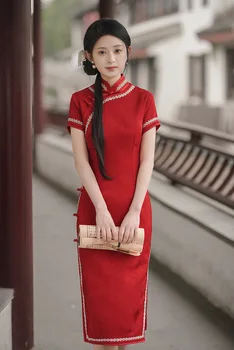 Szexi csipke díszítés mandarin gallér Qipao kínai hagyományos női rövid ujjú Jacquard szatén Cheongsam estélyi ruha