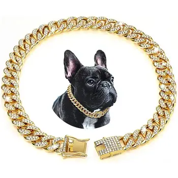 Kisállat kutya strassz nyakörv nyaklánc Kubai lánc kutya kölyökkutya lánc teljes gyémánt kutya nyakörvzárral csat arany ezüst macska lánc