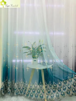szürke kék hímzett színátmenetes hálós áttetsző függönyök nappaliba háló tüll csipke alsó finom ablakkezelő drapériák