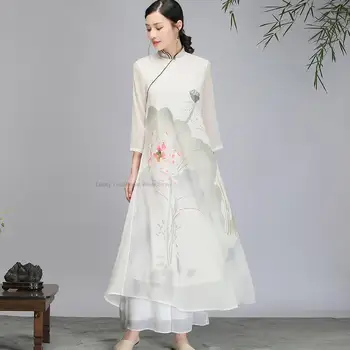 Kínai ruházati ruha hagyományos Qipao Hanfu ruha nők javított Vietnám Ao Dai tea Art Cheongsam ruha női Hanfu szett