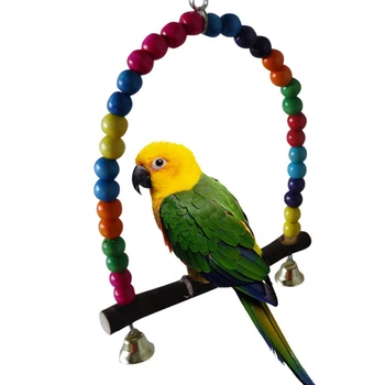 Természetes fa papagáj hinta játék madár tintahal függő hintaketrec színes gyöngyökkel harangok játék madár kellékek