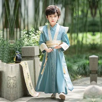 Tavaszi kék virágos hímzés Hanfu Tang öltöny Kínai gyerekek Tánc jelmezek Fiúk Hagyományos gyerekek Színpadi előadás szoknyák