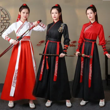 Uniszex felnőtt harcstílus Hanfu női hagyományos kínai ruházat Keresztgalléros Han öltöny férfi Ősi cosplay pár jelmez