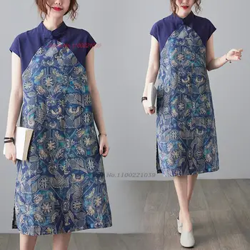 2024 nők vintage cheongsam kínai továbbfejlesztett qipao ruha nemzeti virágmintás pamutvászon qipao elegáns patchwork ruha