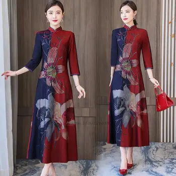 2024 hagyományos kínai vintage ruha továbbfejlesztett qipao cheongsam nemzeti virágmintás A-vonalú ruha bankett estélyi ruha vestido