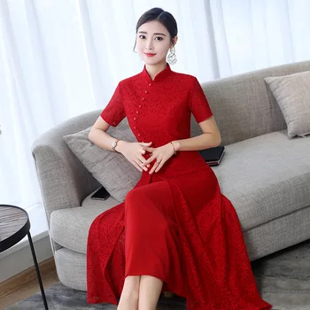 2023 Új 3 szín Őszi piros esküvő Cheongsam nők Vintage A-vonalú csipke ruha estélyi ruhák jelmez hagyományos Qipao