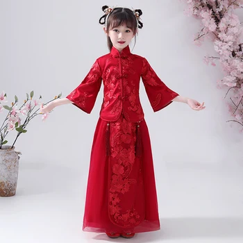 Lány Han Fu kínai stílusú hímzés Virág lány ruha Esküvői partira Esti születésnap Ruhák az első ruhához