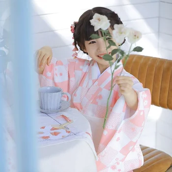 Gyermek lányok rózsaszín japán kimonó fürdőköpeny ruha nyomtatás virág előadás ruházat Yukata obitage puha cosplay jelmez
