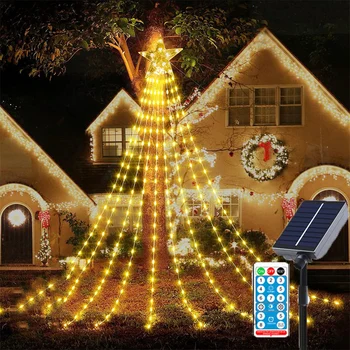 9X3M kültéri karácsonyi napelemes vízesés tündér fények 288 LED karácsonyi csillag húr fény vízálló vízesés fa koszorú fény