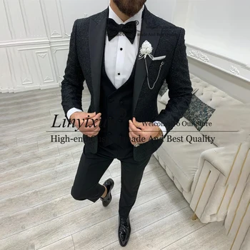 Formális Jacquard férfi öltönyök esküvőre csúcsos hajtóka vőlegény Tuxedo Slim Fit Business férfi blézerek 3 részes készletekJelmez homme