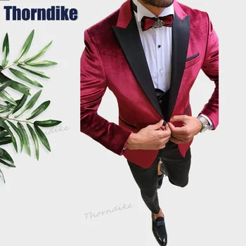 Thorndike férfi bársony 3 részes öltöny szett Slim Fit egygombos blézer szettek estélyi ruhák esküvői báli öltöny (dzseki+nadrág+mellény)