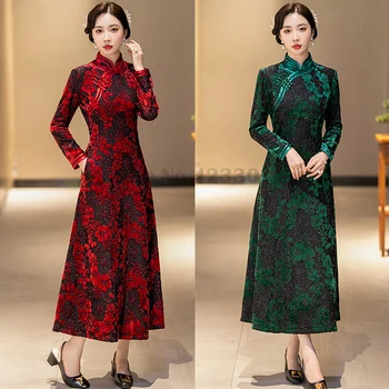 Elegáns plüss vastag Cheongsam Long Qipao Javított téli temperamentum retro középkorú anya karcsú ruha nagy méretű 5XL vestidos