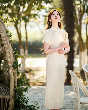 Orientale hagyományos fehér rövid ujjú Qipao vintage kínai ruha Hanfu nők Modern Cheongsam köntös Vestido