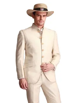 2Db egyszerű divatállvány gallér bézs férfi öltönyök tengerparti esküvőre férfi nyaralási öltönyök egyedi készítésű homme jelmez (dzseki + nadrág)