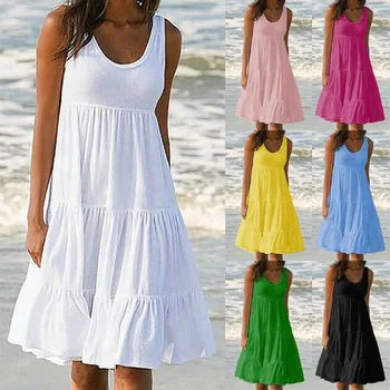 Női O-nyakú ujjatlan fodros miniruha Bohemian Solid Beach Sun szexi ruha plusz méret bő szabású ruha 2023 nyarán