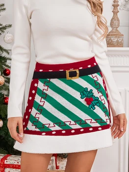 wsevypo Karácsonyi miniszoknyák Női magas derékszíj mintás patchwork kötött A-vonalú szoknyák Fall Party Bodycon wrap rövid szoknyák
