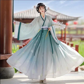 Hanfu - nők Kínai hagyományos hímzés Színpadi táncruha Női tündér cosplay jelmez Hanfu színátmenet kék-zöld nőknek