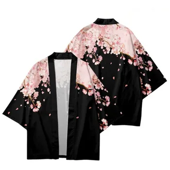Sakura Virágok nyomtatás Yukata Férfi Női Divat Cardigan blúz Haori Obi Ázsiai ruhák Harajuku Japán cosplay Kimonó