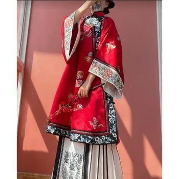 Kínai eredeti retro stílusú Qing és Han női ruházat késői Qing köpeny reprodukciós mintás kabát