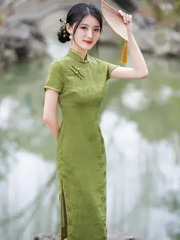 Hagyományos kínai mandarin gallér rövid ujjú szatén Qipao divat vintage retro nők lányok térdig érő cheongsam ruha