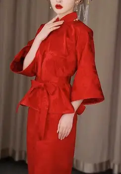 Új kínai női piros vékony szoknya eljegyzési ruha nyár