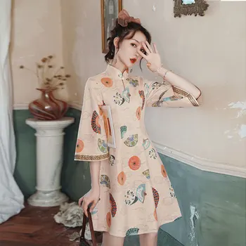 Fordított nagy ujjú cheongsam módosított tavaszi napi ruha lány A-vonalú szoknya Kínai stílusú rövid hétpontos ujjú fiatal