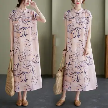 2024 Kínai vintage Cheongsam ruha Nemzeti virágmintás pamutvászon ruha Qipao vintage kínai ruha népi stílusú Qipao ruha