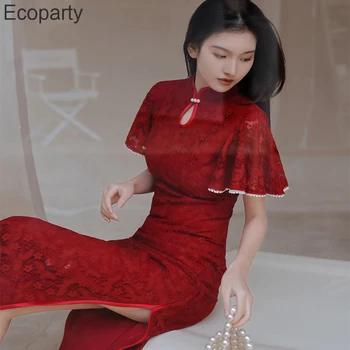 2023 Trational Cheongsams nőknek Kínai elegáns esküvői parti Menyasszony piros Qipao pirítós ruhák Vintage Cheongsam Vestidos