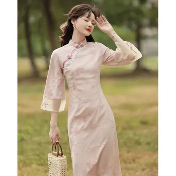 rózsaszín elegáns cheongsam hosszú ujjú vintage ruha hímzett nyári női jelmezek Qipao ruhák S-től 2XL-ig