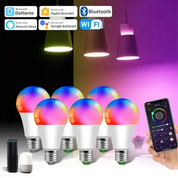 Homekit WiFi / Bluetooth intelligens izzó 12W E27 RGBCW színes szabályozható LED lámpa időzítő funkció Dolgozzon az Alexával Google Home DoHome APP