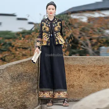 2023 nemzeti stílus új kínai hímzés hosszú bő stílusú nők etnikai nadrág rugalmas derék alkalmi divat kínai nadrág t001