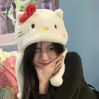 Kawaii Sanrios Hello Kitty plüss kalap anime téli meleg fejfedő diákok Aranyos hideg szélálló sapka lányok védik a divatos fülsapkát