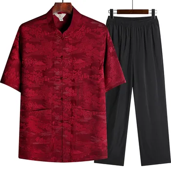 Férfi Kínai ruhák Kung Fu Ing&nadrág Félujjú Tang Suit Hand Button jelmezek Szatén selyem Hanfu Mandarin Collar Cheongsam