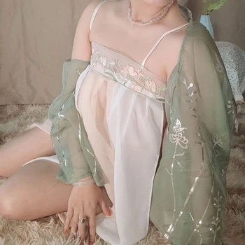 Zöld Hanfu Tündér ruha Szerepjáték Hercegnő Ősi jelmezek Szexi fehérnemű Retro nők Kínai hálóruha Kísértés parittya