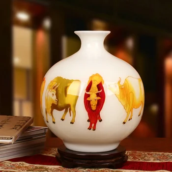 Jingdezhen kerámia váza Kiváló minőségű arany szalma fehér Öt ökör váza Modern kínai lakberendezés