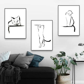 Minimalista fekete-fehér Cat Line Form Art Vászon nyomtatás Plakátok irodai Home Nappali Divat Modern dekoráció Festés