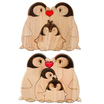 Fa családi művészeti puzzle kreatív pingvin családi puzzle szobor fából készült, szabadon álló pingvin díszek otthoni asztali dekoráció