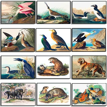 Vintage mosómedve Rózsás kanalasgém Audubon madár poszter vászon festés vadon élő állatok falfestménye Falfestmény a nappalihoz Lakberendezés