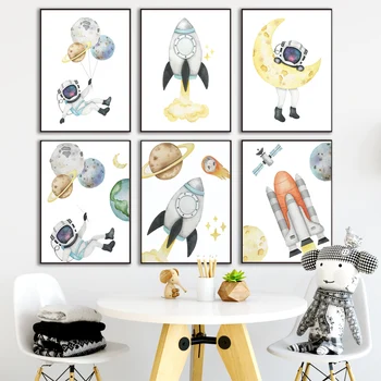 Űrűrhajós bolygó Rakéta Hold Óvoda Fal Művészet Vászon Festés Északi plakátok és nyomatok Baba gyerekszoba Lakberendezés