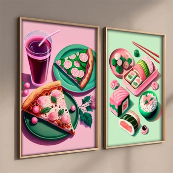 Színes étel és ital poszter Esztétika Ramen Sushi Pizza Nordic Home Konyha dekoráció Falfestmény Pop Art szoba dekoráció